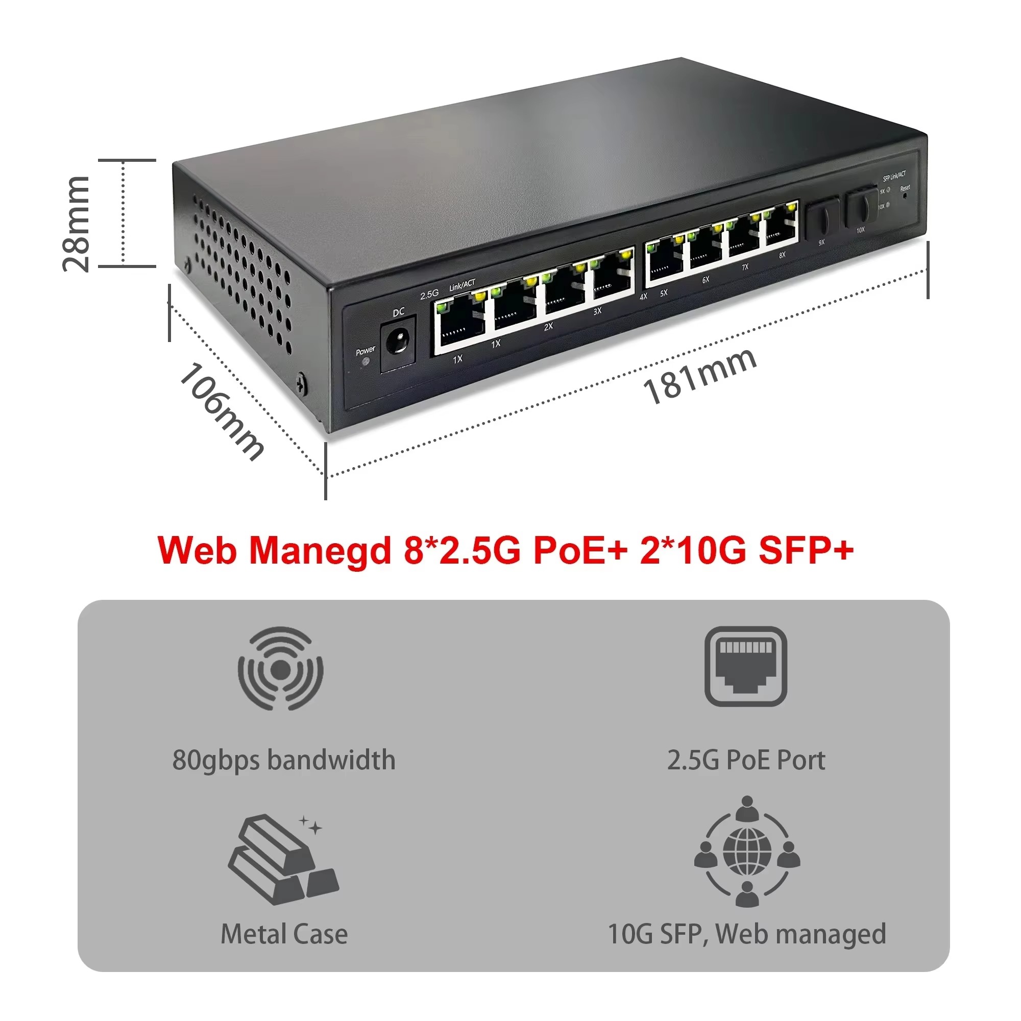 Sfp+ 10G Managed Switch 8 Port - Commutateur PoE intelligent géré par le