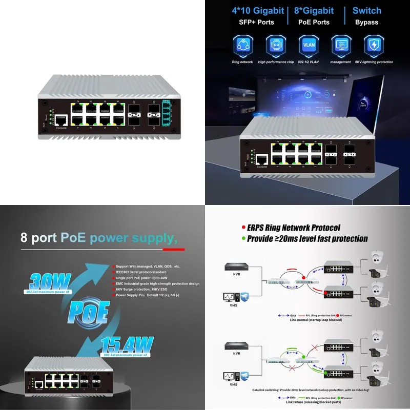 Sfp+ 10G Managed Switch 8 Port - Switch industriel PoE 8 ports, 4